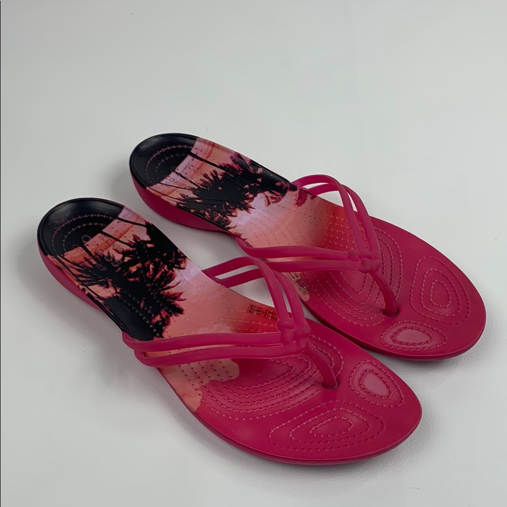 Crocs Tropical Pink black Flip flop Sandals Size 11 Iconic Comfort Palm trees